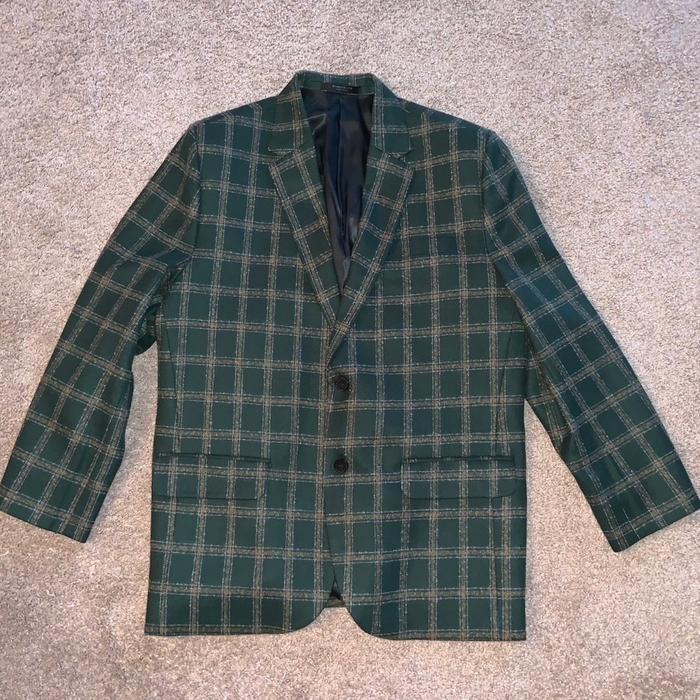 Blazer Sport Coat Mens Windowpane Plaid Checks Green Tan Studio Suits, 42S 40S